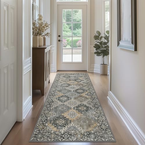 GENIMO Runner Rug 2x5 Machine Washable Vintage Runner Rug Non Slip Hallway Rug Low Pile Lightweight Rugs for Entryway Hallway Kitchen and Corridor Vintage Taupe