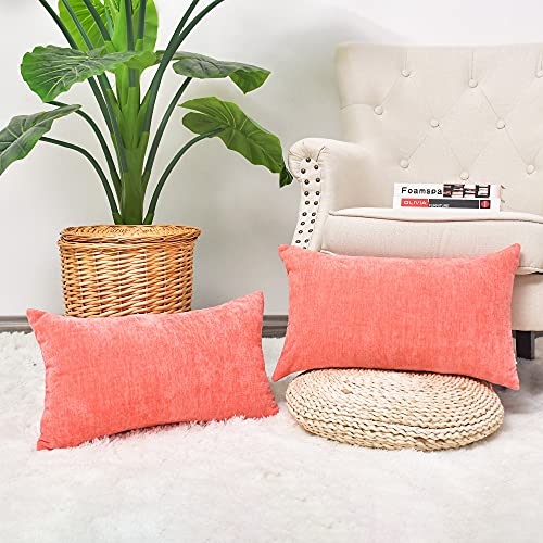 CaliTime Pack of 2 Cozy Pillow Covers Cases for Couch Sofa Home Decoration Solid Dyed Soft Chenille 12 X 20 Inches Living Coral