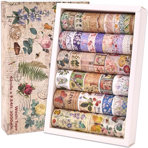 emmoolife 42 Rolls Vintage Washi Tape Set Floral Letter Butterfly Mushroom Botanical Flower Writable for Scrapbooking Junk Journal Supplies Bullet Journaling 5-75mm Wide 9.84ft long/Roll Gold