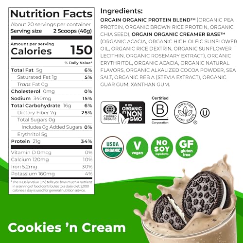 Orgain Organic Vegan Protein Powder Cookies 'n Cream - 21g of Plant Based Protein Low Net Carbs Gluten Free Lactose Free No Sugar Added Soy Free Kosher Non-GMO 2.03 Lb