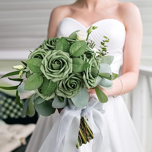 AmyHomie Artificial Flowers Green Rose 25pcs Real Looking Fake Roses w/Stem for St. Patrick's Day DIY Wedding Bouquets Centerpieces Arrangements Party Baby Shower Home Decorations