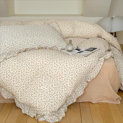 BuLuTu Muslin Kids Duvet Cover for Full Size Bed Vintage Farmhouse Duvet Covers with Ruffles Soft Cotton Comforter Cover Camellia Zipper Closure & Corner Ties No Comforter