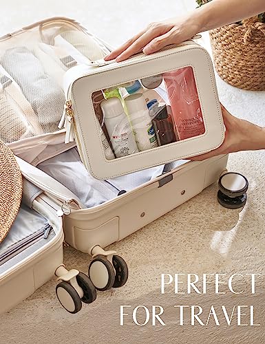 Popvibe Clear Makeup Bag Travel Cosmetic Case Transparent Toiletry Bag with Zipper Portable Make Up Organizer Traveling Compact Car Bag for Essentials White m+l Clear Leather Cosmetic Case With