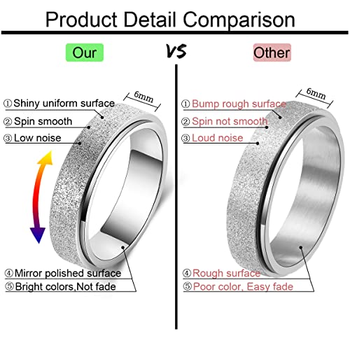 Titanium Stainless Steel Spinner Ring Anxiety Ring for Women Men Rings Fidget Ring 6mm Wide Size 11 Band Silver Bands Ring Sand Blasted Finish Outer Hand Polished Inner