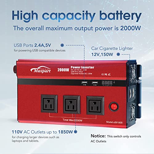 2000w Inverter 12v Car Power Inverters for Vehicles Truck with USB Charging Port 12v DC to 110v AC Inverter Converter with 3 AC Outlets 2000 Watt Invertor Solar Battery Inverter