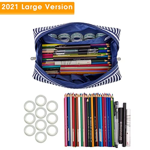 Large Makeup Bag Zipper Pouch Travel Cosmetic Organizer for Women (Large Blue Stripe)