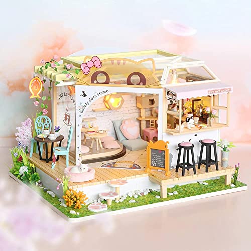 CUTEBEE Dollhouse Miniature with Furniture DIY Wooden Dollhouse Kit Plus Dust Proof Creative Room Idea(Cat Coffee Garden)