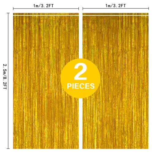 2 Pack 3.2ft x 8.2ft Gold Metallic Foil Curtains Big Laser Glitter Fringe Rain Curtain Photo Booth Backdrop Tinsel Curtain Streamer for Birthday Wedding Graduations Christmas Event Party Supplies