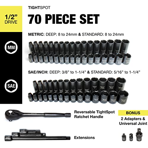 TIGHTSPOT 1/2\" Drive 70pc Impact Socket Set Deep & Shallow Impact Socket Set 1/2 Drive 1/2 Socket Set Master Socket Set Sockets & Socket Sets Socket Set Metric and Standard Full