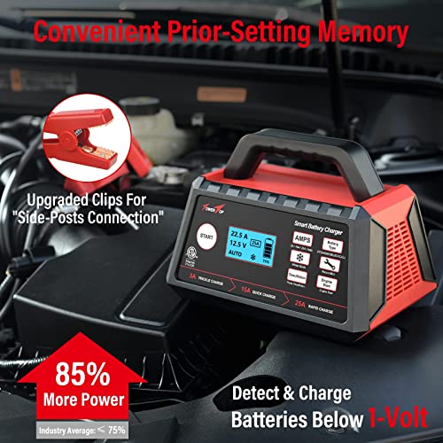 TowerTop 3/15/25 Amp Car Battery Charger 12V Fully Automatic Smart Battery Maintainer with Engine Start Auto Desulfator Battery Repair for All Lead-Acid and LiFePO4 Batteries