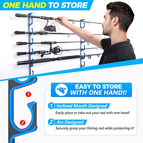 PLUSINNO H5 Horizontal Fishing Rod/Pole Holders for Garage Wall or Ceiling Mounted Fishing Rod Rack Aviation Aluminum Fishing Pole Holder Holds up to 20 Rod or Combos or Nets Storage Racks