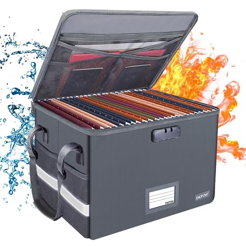 ENGPOW File Box with Lock Fireproof Document Zipper Lid Collapsible Organizer Storage Filing Handle Portable Home Office Safe for Hanging Letter/Legal Folder Grey (EG0053)