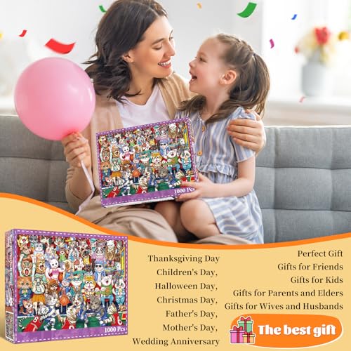Puzzles for Adults 1000 Pieces Cat Basketball Fun Jigsaw Puzzles Challenging Game Puzzles Interlock Perfectly No Dust for House Decoration Party Toy for Kids Parents