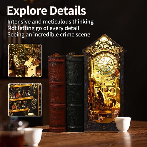 CRIOLPO Book Nook Kit - DIY Doll House Booknook Book Nook Miniature Kit for Bookshelf Insert Decor Crafts for Adults Teen Halloween 3D Wooden Puzzle Bookends with Sensor Led Light