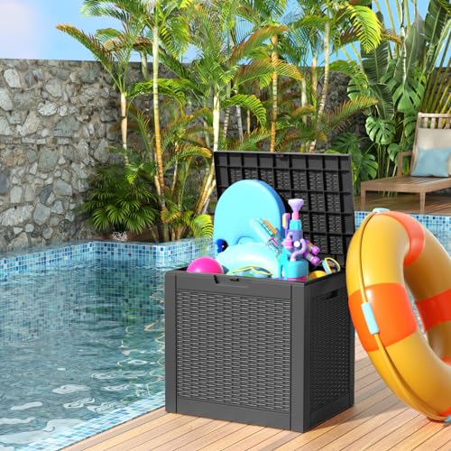 PatioZen 30 Gallon Deck Box Wicker Pattern Resin Outdoor Storage Box Waterproof Outside Deck Box with Lockable Lid for Patio Cushions Outdoor Tools Gardening Tools Sports Equipment Black