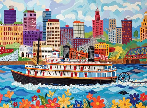 Cross & Glory - Queen City Paddle Wheel Adventure - 1000 Piece Jigsaw Puzzle For Adults | Historic Cincinnati Riverboat Scene | Vibrant Folk Art Design with Satin Finish | 20x27 Inches