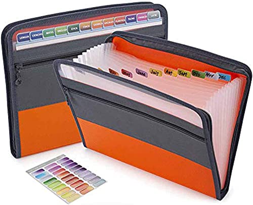 Sooez Letter Size Orange 12 Pocket Expanding File Folder with Front Zipper Pouch Monthly Organizer 12 x 12 x 2.5 in