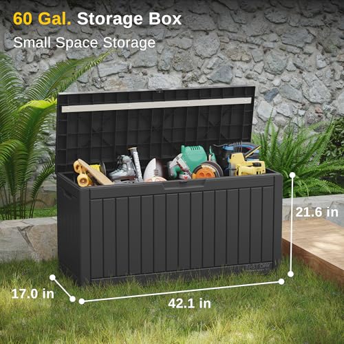 EAST OAK 60 Gallon Deck Box Outdoor Storage Box with Padlock for Patio Furniture Patio Cushions Gardening Tools Pool Supplies Waterproof and UV Resistant Resin Black