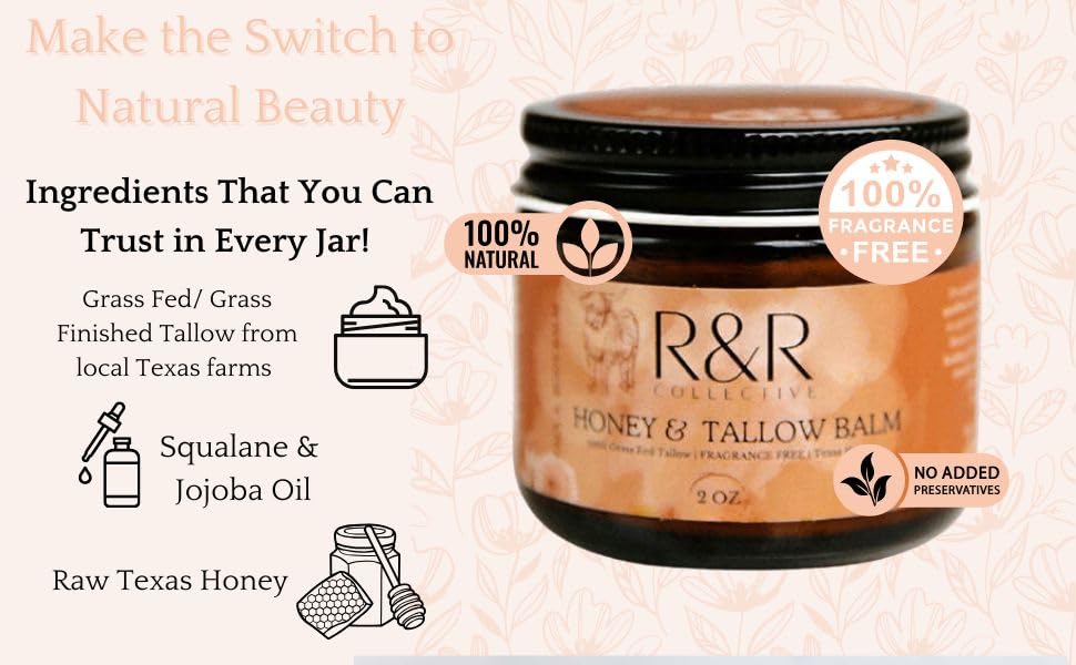 Handmade Honey & Tallow Balm- 100% Grass Fed Beef Tallow for Skin Care- 100% Natural Whipped Tallow Balm- Sensitive & Dry Skin Eczema Psoriasis- 2 FL. oz