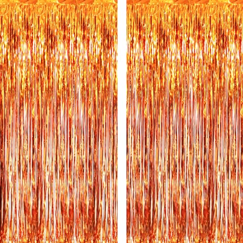 GOER 6.4 ft x 9.8 ft Metallic Tinsel Foil Fringe Curtains Pack of 2 Party Streamer Backdrop for Birthday Graduation Decorations and New Year Eve (Orange)