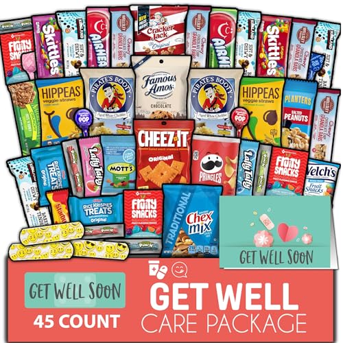 Gift A Snack - Get Well Soon Snack Box Variety Pack Care Package + Greeting Card (45 Count) Feel Better Sweet Treats Gift Basket Candies Chips Crackers Bars -