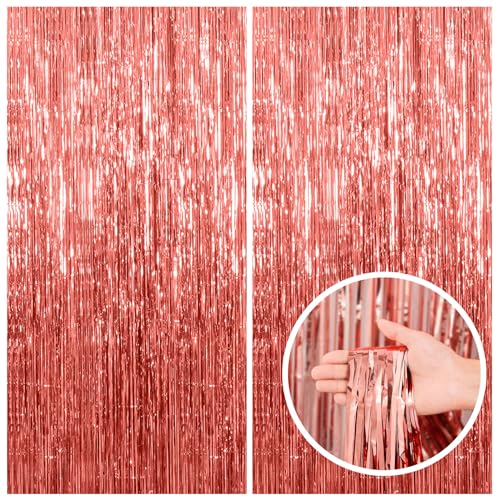 BOMSI 2 Pack Rose Gold Fringe Curtain Backdrop Birthday Bachelorette Party Decorations Metallic Tinsel Streamers Foil Backdrop Christmas Graduation Wedding New Year Party Decorations