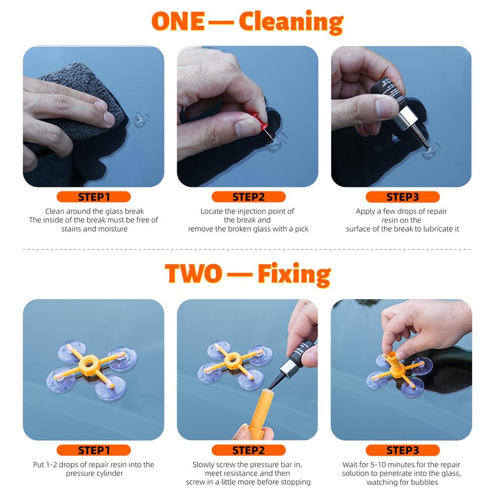 LOMEEN Windscreen Repair Kit Windshield Repair Kit with Enhanced Injection Head 2 Pack Windscreen Chip Repair Kit to Repair Scratches Cracks and Star-Shaped Crack Orange