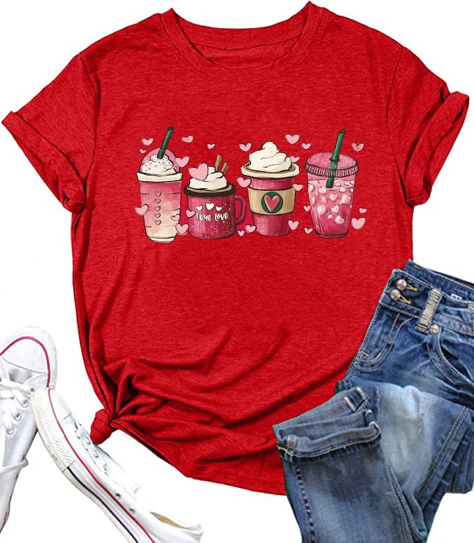 Women Love Heart Printed Shirts Valentine's Day Cute Casual Graphic T Shirts Spring Tops Trendy Tee Gifts (VLT-red25 X-Large)