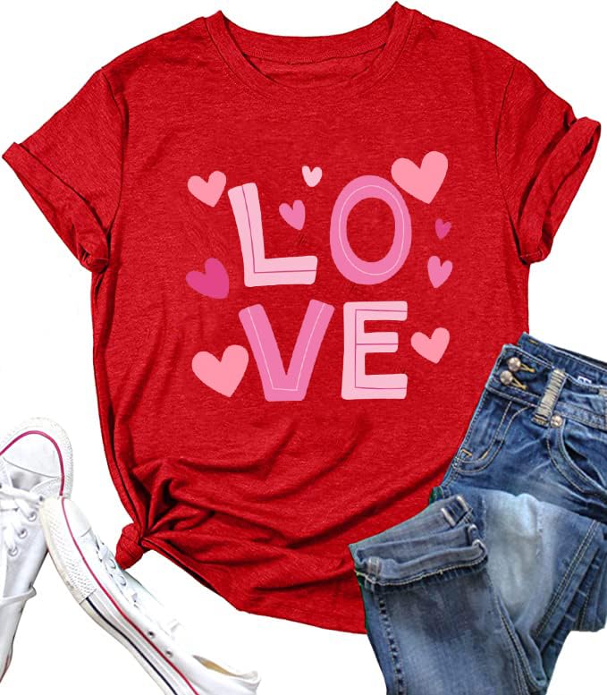 Women Love Heart Printed Shirts Valentine's Day Cute Casual Graphic T Shirts Spring Tops Trendy Tee Gifts (VLT-red29 XX-Large)